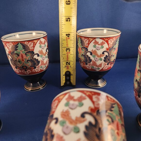 Arita Japanese Teacups Footed Yunomi Cobalt Blue Gold Trim Tea Cups Set 5 Imari - Picture 4 of 10